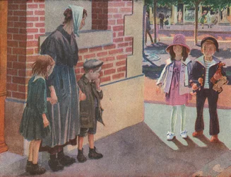 Zwei wohlhabende Kinder treffen auf eine arme Mutter und ihre bettelnden Kinder auf der Straße