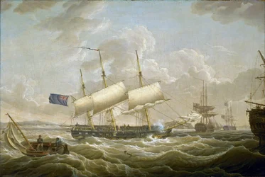 Eine Fregatte vor Anker in der Mersey, Fort Perch Rock ist am Horizont sichtbar