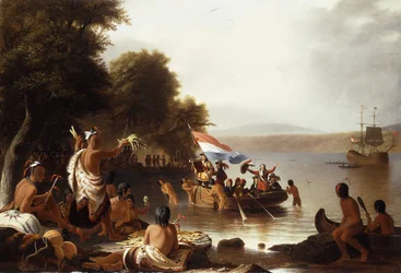 Landung von Henry Hudson, 1608 bei Verplanck Point, in der Nähe von Peekskill, New York