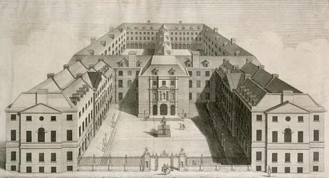 Vogelperspektive des Guys Hospital, Southwark, mit Figuren im Hof, graviert von William Henry Toms, ca. 1756
