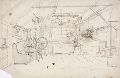 Interieur mit drei Personen: eine im Bett Kaffee trinkend, eine am Tisch Brei essend und eine bei der Spinnerei.