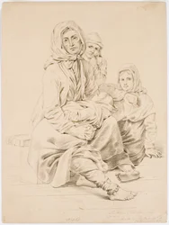 Dalarna Bettlerfamilie, Frau mit drei Kindern