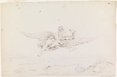 Väinämöinen, von einem Adler getragen; Originalzeichnung für „Kalewala, finnisches Nationalgedicht, dargestellt in Zeichnungen von R.W. Ekman“