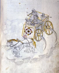 Kunst des Krieges: Studie über militärische Maschinen. Streitwagen mit Sensen, Illustration aus 