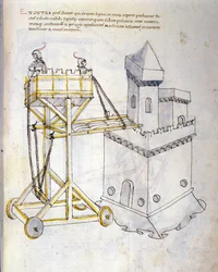 Kunst des Krieges: Studie über militärische Maschinen. Sturmwagen zum Belagern von Türmen, Illustration aus 