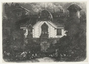 Haus mit Turm hinter einem Zaun und Hirtin mit Vieh