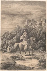 Orientalische Reiterin in einer öden Berglandschaft