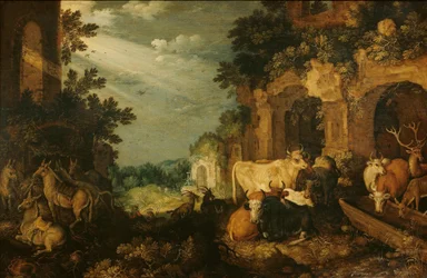 Landschaft mit Ruinen, Vieh und Hirschen