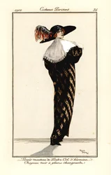 Frau im langen Mantel aus Otterfell mit Hermelinkragen, schwarzer Hut mit mehrfarbiger Feder, Radierung nach einer Illustration von Roger Broders aus Tommaso Antonginis Journal des Dames et des Modes, Aux Bureaux du Journal des Dames, Paris