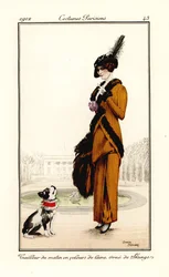 Frau im Morgenoutfit aus Wollsamt mit Skunksfellbesatz mit Haustierhund Tailleur du matin en velours de laine orné de skungs. Handkolorierte Pochoir (Schablonen) Radierung nach einer Illustration von Roger Broders aus Tommaso Antonginis Journal des Dames e