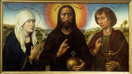 Christus Erlöser zwischen der Jungfrau und dem heiligen Johannes dem Evangelisten, genannt das Triptychon Braque. Gemälde von Rogier (Roger) Van Der Weyden (1400 - 1464)