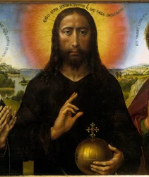 Christus Erlöser zwischen der Jungfrau und dem heiligen Johannes dem Evangelisten, genannt das Triptychon Braque. Detail von Christus. Gemälde von Rogier (Roger) Van Der Weyden (1400 - 1464)