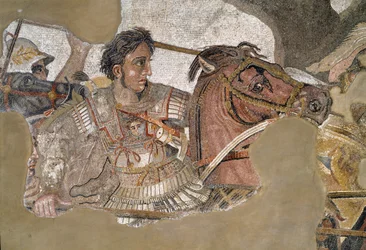 Alexander der Große (356-323 v. Chr.) auf seinem Pferd Bukephalos. Mosaik aus dem Haus des Fauns, Pompeji