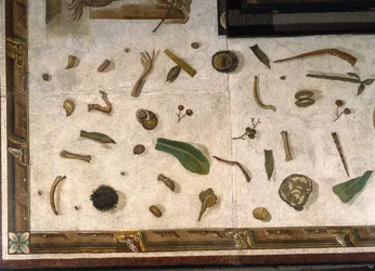 „Asarotos“ (ungesäuberter Boden) Fragmente eines Mosaiks signiert von Harakliton aus Rom, 2. Jahrhundert n. Chr., Rom