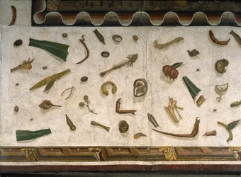 „Asarotos“ (Boden ungesäubert) Fragmente eines Mosaiks, signiert von Harakliton aus Rom, 2. Jahrhundert n. Chr., Rom