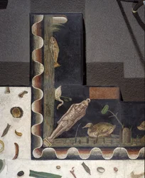 „Asarotos“ (Boden ungesäubert) Fragmente eines Mosaiks, signiert von Harakliton aus Rom, 2. Jahrhundert n. Chr., Rom