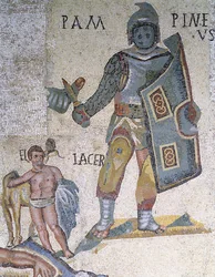 Kampf zwischen Gladiatoren, Detail eines Gladiators mit Dolch und Schild, 320 n. Chr. (Mosaik)