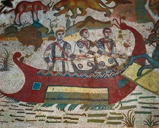 Detail aus dem Mosaik der Großen Jagd, Villa Romana del Casale, Piazza Armerina, Sizilien, Italien, 4. Jahrhundert