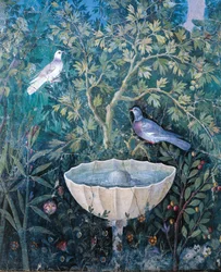Detail eines Brunnens und Vögel aus einem Gartenbild, Haus des Goldenen Armbands, Pompeji