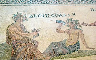 Dionysos berät die Nymphe Akme, Haus des Dionysos, Paphos, Zypern (Mosaik)