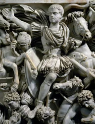 Reiterporträt von Hostilianus, Sohn von Kaiser Decius, zusammen mit seinen Wachen zu Pferd, Detail vom Großen Ludovisi-Sarkophag mit Relief, das die Schlacht zwischen Römern und Ostgoten darstellt, ca. 260, Römische Zivilisation, 3. Jahrhundert