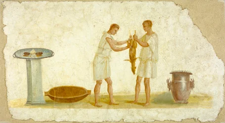 Fragment eines Freskopaneels mit einer Mahlzeitvorbereitung, ca. 100-150