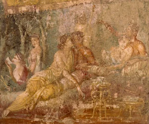Fresko, das eine Triklinium-Szene darstellt, aus Pompeji, Italien