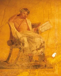Fresko auf gelbem Hintergrund, das den griechischen Dichter Menander darstellt, aus dem Haus des Menander, Pompeji, Kampanien, römische Zivilisation