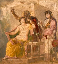 Fresko mit erotischem Motiv, das eine dionysische Szene darstellt, aus Pompeji (UNESCO-Weltkulturerbe)