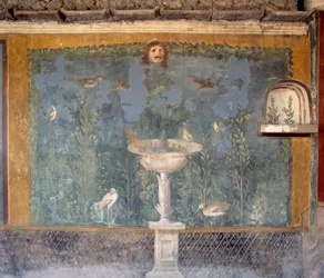 Fresko mit Brunnen, Maske und Vögeln, Haus der Venus in der Muschel, Pompeji (Unesco-Welterbeliste)