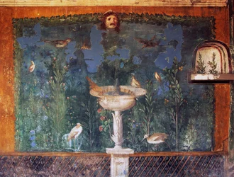 Fresko mit Brunnen, Maske und Vögeln, Haus der Venus in der Muschel, Pompeji, Kampanien, Italien, römische Zivilisation