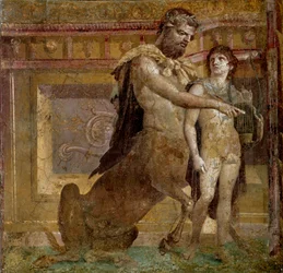 Griechische Mythologie: Der Zentaur Chiron und der junge Achilles. Fresko aus der Basilika von Herculaneum (Basilica di Ercolano). Römische Kunst. Neapel, Museo Archeologico Nazionale