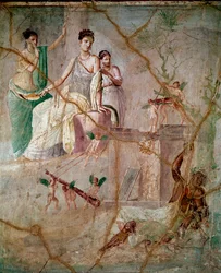 Herakles und Omphale Römisches Fresko des 3. pompejanischen Stils aus Pompeji (Fresko aus Pompeji) 40-60 n. Chr. Dim 88x103 cm Aufbewahrt im Nationalen Archäologischen Museum von Neapel Italien