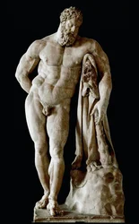 Herkules Farnese Kolossale Skulptur von Glykon-Marmor aus den Thermen des Caracalla in Rom nach einem griechischen Original von Lysippos von Sikyon, Dim. 3,17 m, 3. Jahrhundert n. Chr. - Archäologisches Museum von Neapel - Der Farnesische Herkules - Marmor