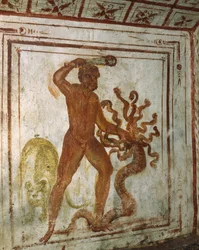 Herkules und die Lernäische Hydra, Fresko, Katakombe an der Via Latina, Rom, Italien, 4. Jahrhundert