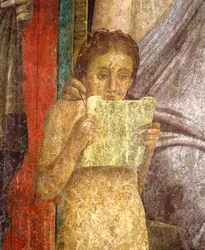 Fresko, das eine rituelle Zeremonie in der Villa der Mysterien darstellt