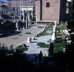 Lage der Basilica Aemilia im Forum Romanum, erstmals erbaut 179 v. Chr. und mehrfach restauriert dank der Familie Emilia. Rom