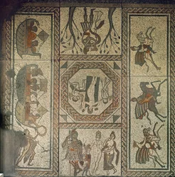 Mosaikfußboden aus der römischen Villa in Low Ham mit einer Darstellung der Geschichte von Dido und Aeneas aus Vergils „Aeneis“, ca. 350 n. Chr.
