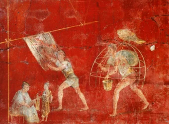 Säulenfresko, das die Wollherstellung darstellt, aus Pompeji, Fullonica von Veranio Ipseo