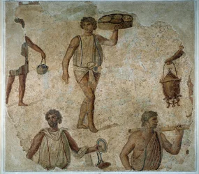 Vorbereitungen für ein dionysisches Fest: Sklave serviert ein Mosaikmahl aus Karthago. 2. Jahrhundert n. Chr. Paris, Louvre