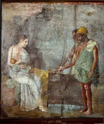 Römische Kunst: „Danaë und ihr Sohn Perseus werden von Fischern am Strand von Seriphos gefunden“ - Fresko aus Pompeji, 3. Stil, Maße: 67 x 63 cm - Archäologisches Nationalmuseum, Neapel