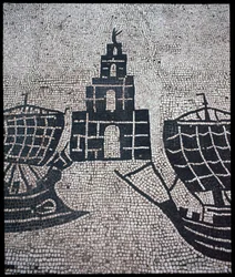 Römische Kunst: „Leuchtturm und Schiffe“ Mosaik der Corporation des gens de la mer, Place des Corporations.