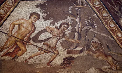 Römische Kunst: Mosaik der Jahreszeiten aus dem Hof der Konstantinsvilla von Daphne, das zwei Jäger darstellt. Detail. Aus dem Vorort von Antiochia am Orontes (heutiges Antakya in Syrien). 325-330 n. Chr. Paris, Musee du Louvre