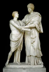 Römische Kunst: „Orest und Elektra“. Marmorskulptur aus dem 1. Jahrhundert n. Chr. Aus der Sammlung Ludovisi, Maße: 192 cm. Rom, Museo Nazionale Romano (oder delle Terme), Italien. Orest und Elektra. Marmorskulptur, Höhe: 210 cm, römische Kaiserzeit (27