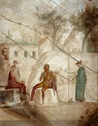 Römische Kunst: „Der musizierende Pan mit Nymphen“. Fresko, dem Meister Chiaro zugeschrieben. 1. Jahrhundert. Aus Pompeji. Neapel, Museo Archeologico Nazionale