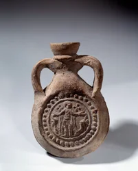 Römische Kunst: Terrakotta-Eulogie-Bulb mit Fuß, der einen Heiligen darstellt