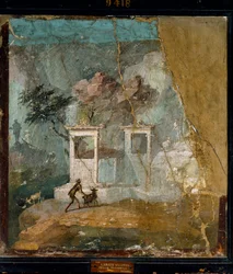 Römische Kunst: „Der verlorene Widder, pastorale Idylle“. Römisches Fresko von der Stätte Pompeji nach einem griechischen Original (2. Jahrhundert v. Chr.). 1. Jahrhundert n. Chr. Neapel, Museo Archeologico Nazionale