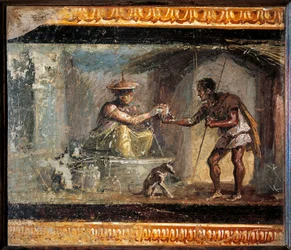 Römische Kunst: „Der Reisende und die Zauberin“. Römisches Fresko aus der Villa dei Dioscuri in Pompeji. 1. Jahrhundert n. Chr. Aufbewahrt im Archäologischen Nationalmuseum Neapel. Eine Frau bietet einem Reisenden ein Getränk an, in
