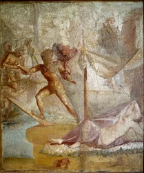 Römische Kunst: „Theseus verlässt Ariadne“. Römisches Fresko aus Pompeji. 1. Jahrhundert n. Chr. Neapel, Museo Archeologico Nazionale