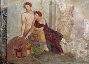 Römische Kunst: „Zwei Frauen spielen mit einer Ziege“ Fresko aus dem 1. Jahrhundert v. Chr. Paris, Louvre Museum